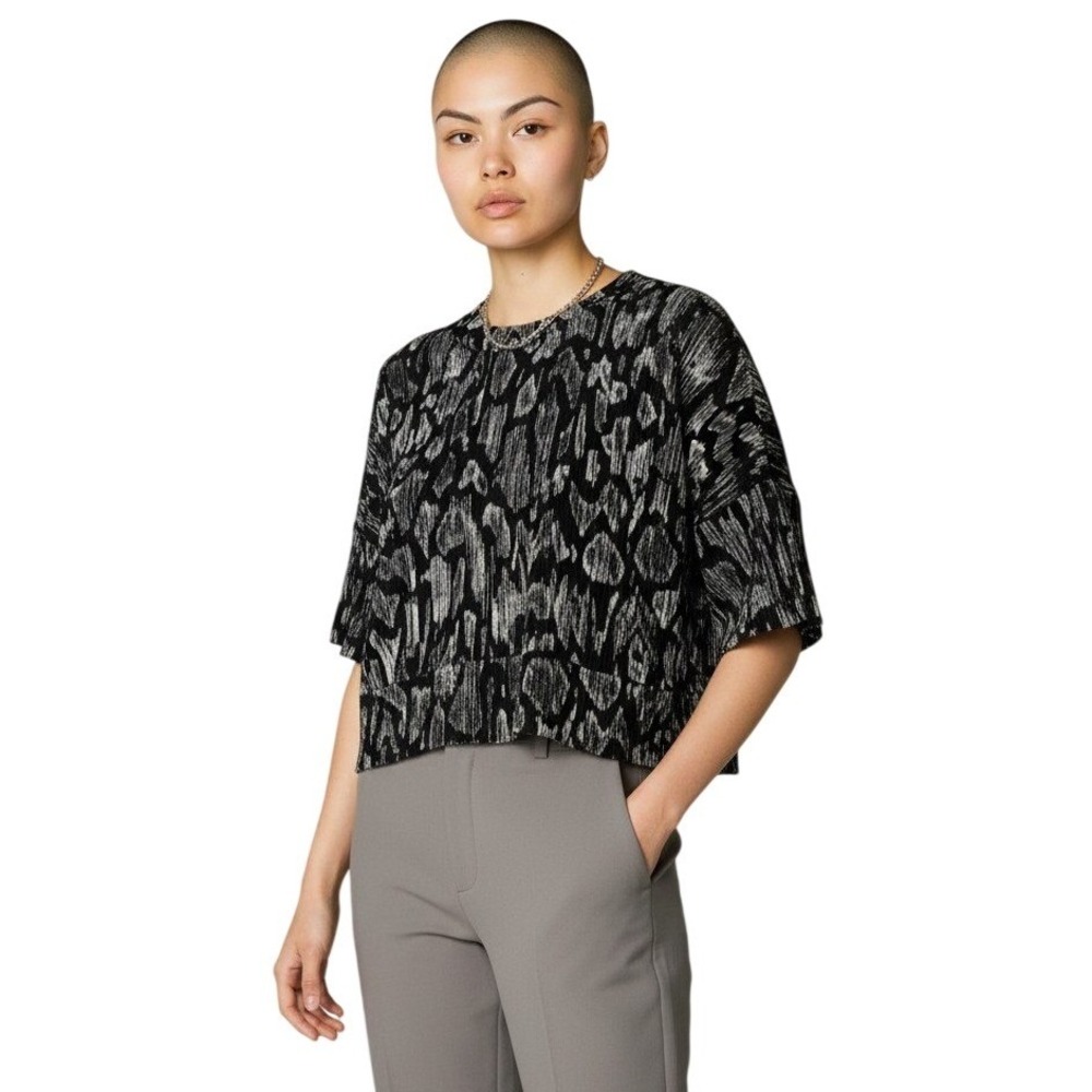 Derek Lam 10 Crosby Black White Abstract Side Zip Short Sleeve Top Women's Large